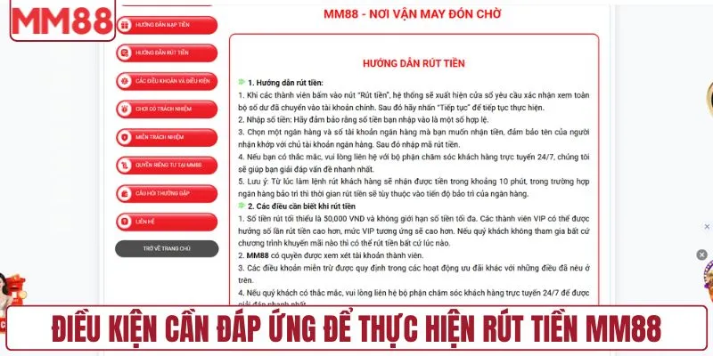 Điều kiện cần đáp ứng để thực hiện rút tiền MM88